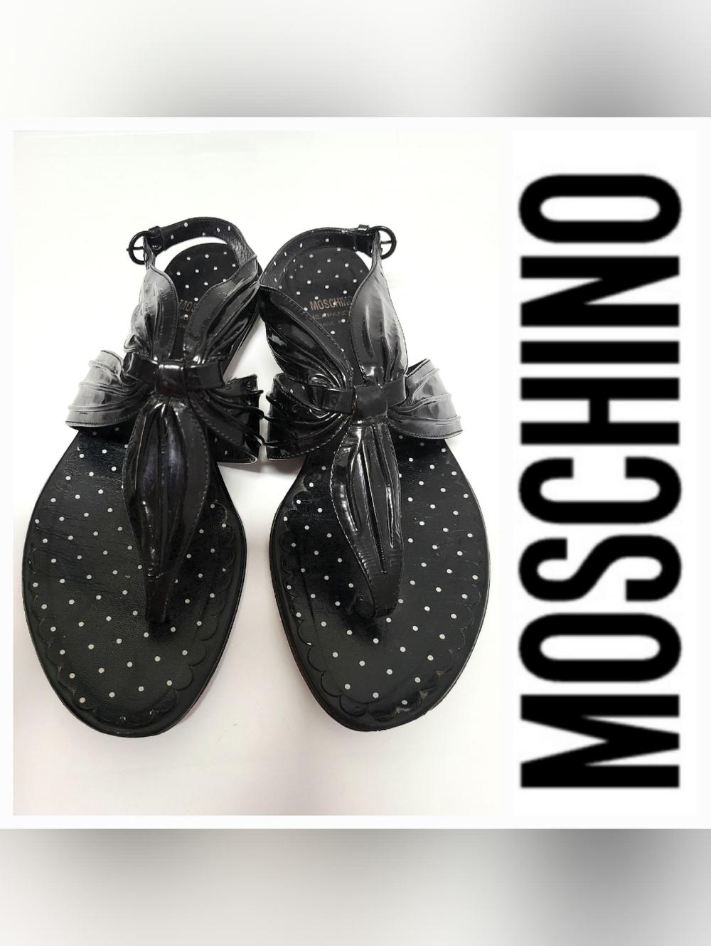 Moschino Vintage Black Patent Leather Wide T-strap Sandals 7½-8